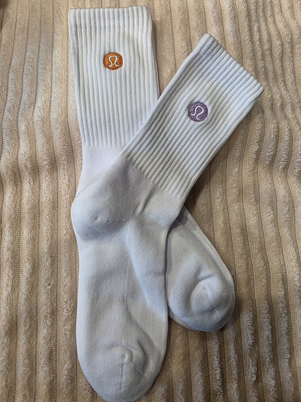 White Crew Socks with Orange & Purple Logos